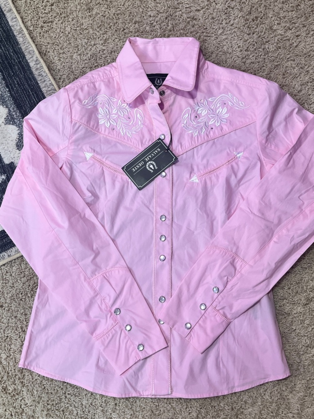 Western Pink Button-Up Shirt with White Embroidery